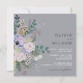 ペイントされたグレー＆ラベンダー ボーホー フラワー ウェディング 招待状 (正面)