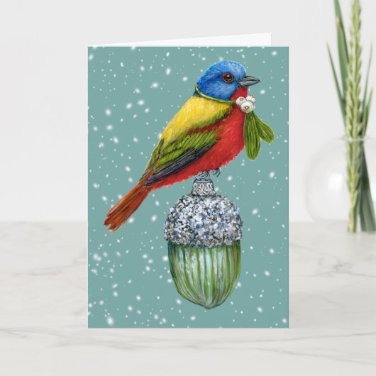 ペイントされたビンゴ鳥のいるビンテージオーナメントのホリデーカード カード (正面)