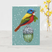 ペイントされたビンゴ鳥のいるビンテージオーナメントのホリデーカード カード (黄色い花)