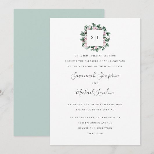 ペイントされたマグノリア ユーカリ セージ モノグラム ウェディング 招待状 (正面/裏面)