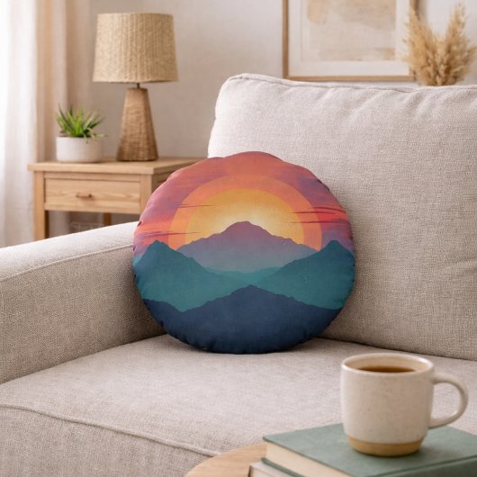 ペイントされたレトロな山の夕焼け - ラウンドスロー枕 ラウンドクッション