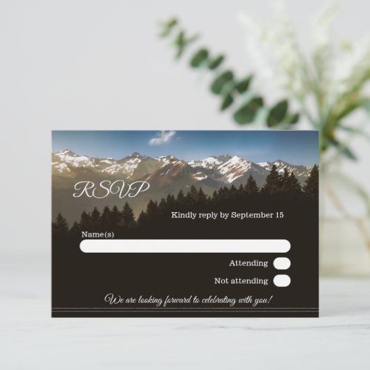 ペイントされた山の結婚式の出欠確認カード 招待状 (スタンド正面)