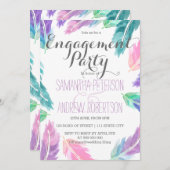 ペイントされた水彩の羽根のエンゲージメントパーティー 招待状 (正面/裏面)