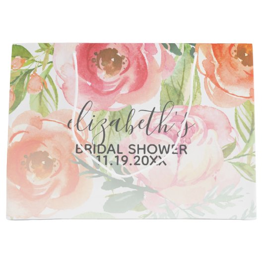 ペイントされた水彩花のブライダルシャワー ラージペーパーバッグ (正面)