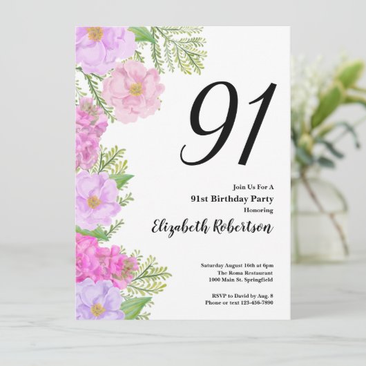 ペイントされた花のカスタム写真テンプレート 94歳の誕生日 招待状 (スタンド正面)