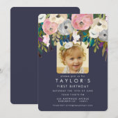 ペイントされた花の少女の誕生日パーティーの写真招待状 招待状 (正面/裏面)