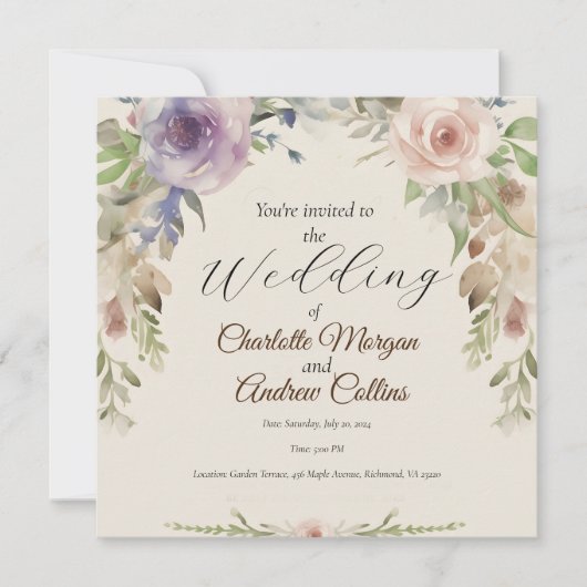 ペイントされた花の結婚式の招待状 セーブザデート (正面)