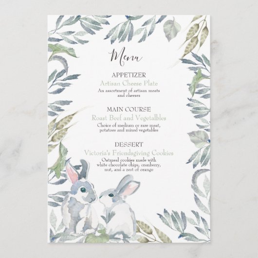 ペイントされた葉と水彩のウッドランドのうさぎたち メニュー (正面)