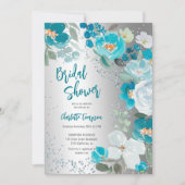 ペイントされた青と銀の花の冬のブライズシャワー 招待状 (正面)