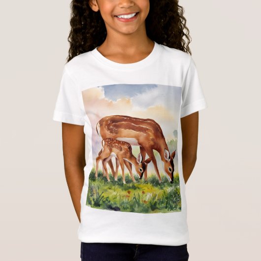 ペイントされた鹿の親子 Tシャツ (正面)