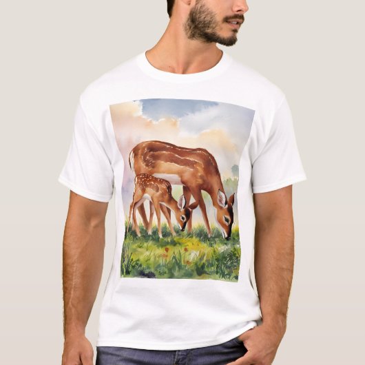ペイントしたシカの親子 Tシャツ (正面)