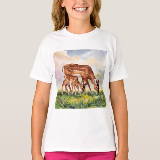 ペイントしたシカの親子 Tシャツ (正面)