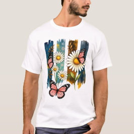 ペイントストライプのデイジーと蝶々 Tシャツ