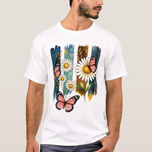 ペイントストライプのデイジーと蝶々 Tシャツ (正面)