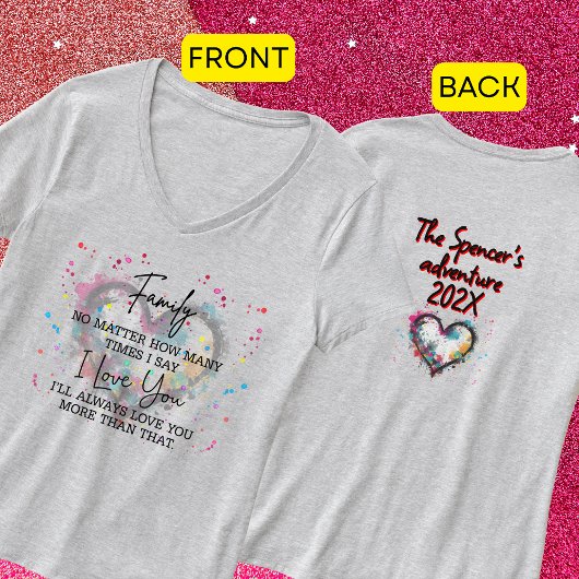 ペイントスプラッターハートに家族の名前をカスタマイズ Tシャツ