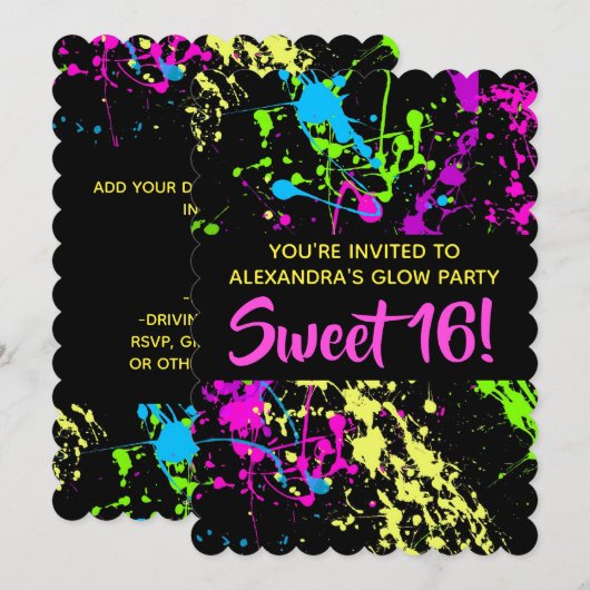 ペイントスプラッター スイート16 バースデーパーティー 招待状 (正面/裏面)