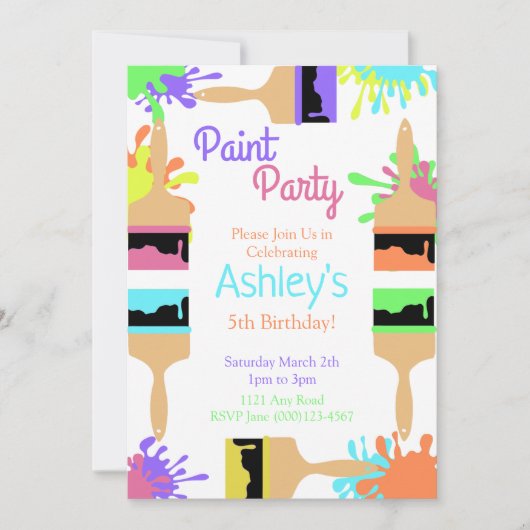 ペイントパーティーの招待状、アートパーティー、誕生日 招待状 (正面)