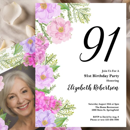 ペイントフラワー 写真入り 91歳の誕生日テンプレート 招待状