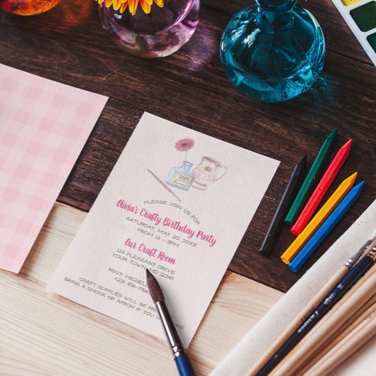 ペイントブラシとデイジーピンクジンガムパーティー 招待状