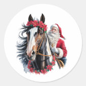 ペイントホースに乗ったサンタの丸いクリスマスステッカー ラウンドシール (正面)