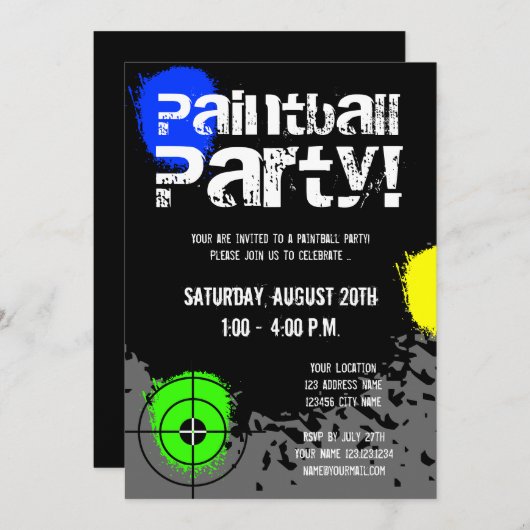 ペイントボールのパーティの招待状|のカスタムの招待 招待状 (正面/裏面)