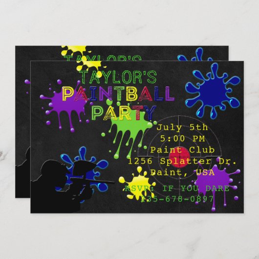 ペイントボールのパーティーの黒板の黒のSplatの招待状 招待状 (正面/裏面)