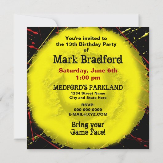 ペイントボールスプラッシュ誕生日パーティー招待状13日 招待状 (裏面)