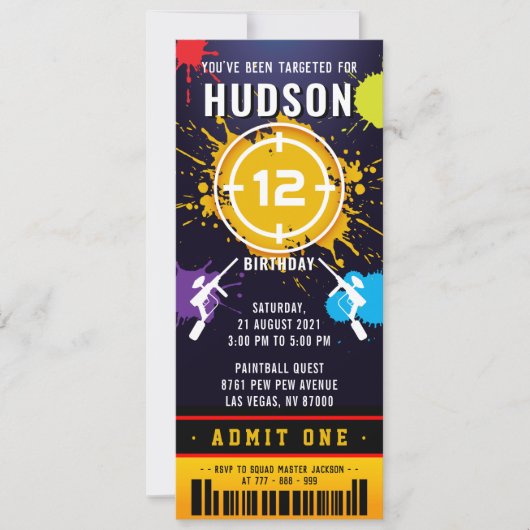 ペイントボールチケットパス誕生日パーティーの招待状 招待状 (正面)