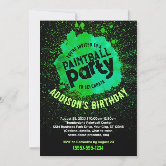 ペイントボールバースデーカスタムタパーティー招待状 – 緑 招待状 (正面)