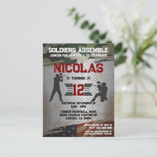 ペイントボールバースデーパーティー軍隊迷彩柄USAインビタット ポストカード (スタンド正面)