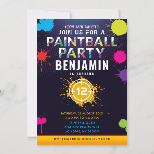 ペイントボールパーティー誕生日招待状 招待状 (正面)
