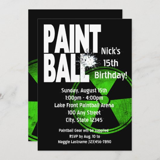 ペイントボールラジオアクティブ誕生日 招待状 (正面/裏面)