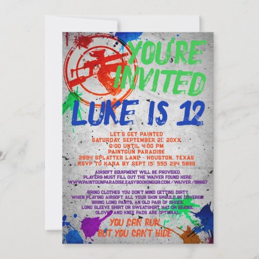 ペイントボール誕生日パーティーへの招待 招待状 (正面)