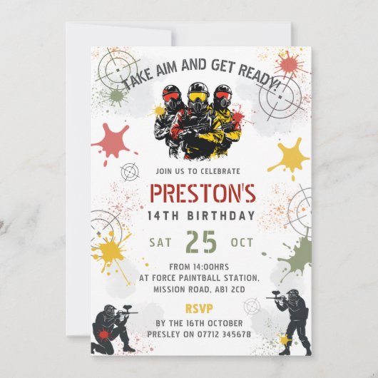 ペイントボール誕生日招待状 エイムを定めて、準備完了！ 招待状 (正面)