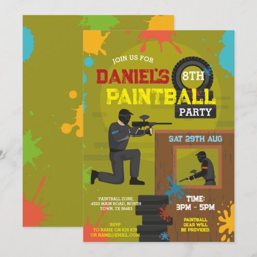 ペイントボール 誕生日 男子 誕生日 どんな年齢でも 楽しいパーティ 招待状 (正面/裏面)