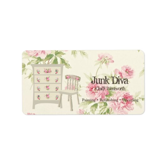 ペイント家具 花 引き出しチェスト 椅子 ピンクバラ ラベル (正面)