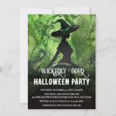 ペイント柄のいたずら好きな魔女のグリーン・ハロウィンパーティー 招待状 (正面)