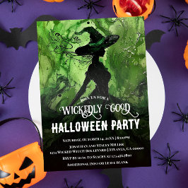 ペイント柄のいたずら好きな魔女のグリーン・ハロウィンパーティー 招待状