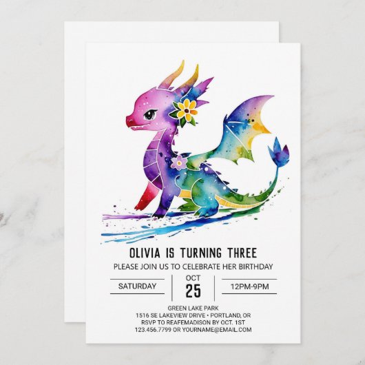 ペイント雄大ドラゴンデジタルガールバースデー 招待状 (正面/裏面)