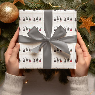 ペイント風タータンチェックのクリスマスツリーのイラストが描かれたパーソナライズ可能なクリスマス包装紙 ラッピングペーパー