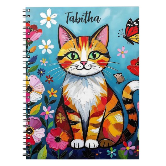 ペイント風猫+花+蝶々 オーダーメイド ノートブック (正面)