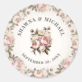 ペオニー エレガント ピンク フローラル ウォーターカラー ウェディング ラウンドシール