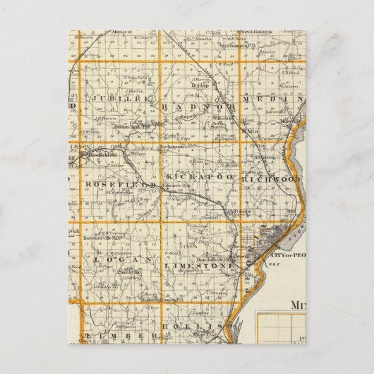 ペオリア郡とミノンクの地図 ポストカード (正面)