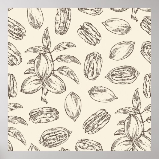 ペカンとのシームレスなパターン：ペカンナッツと葉 ポスター (正面)
