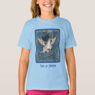 ペガサスブルー飛んでいるムーンファンタジーホースアート Tシャツ