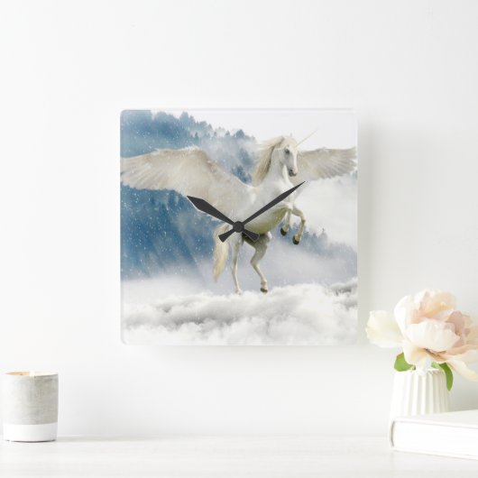 ペガサス神話の一角獣飛んでいる馬 スクエア壁時計 (ホーム)
