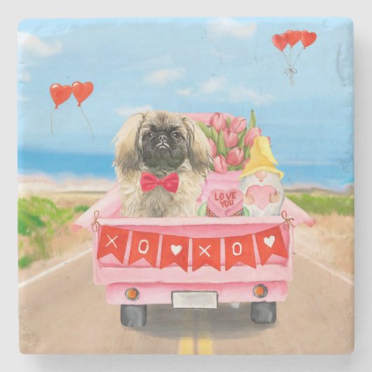 ペキゲスドッグバレンタインデートラックハート ストーンコースター (正面)