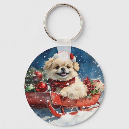 ペキニーズのそり犬 雪を降らせて クリスマス キーホルダー (正面)