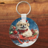 ペキニーズのそり犬 雪を降らせて クリスマス キーホルダー (裏面)