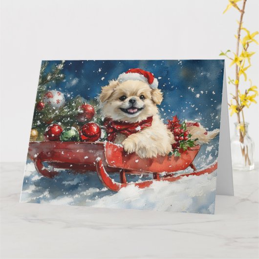 ペキニーズのそり雪景色 クリスマス カード (黄色い花)